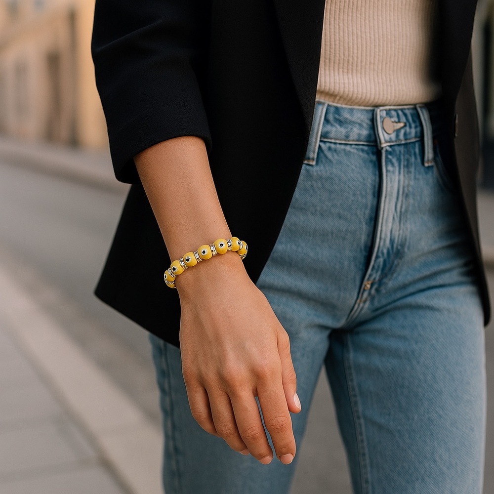 Evil Eye Yellow Bead Bracelet Acrylic Stretch One Size